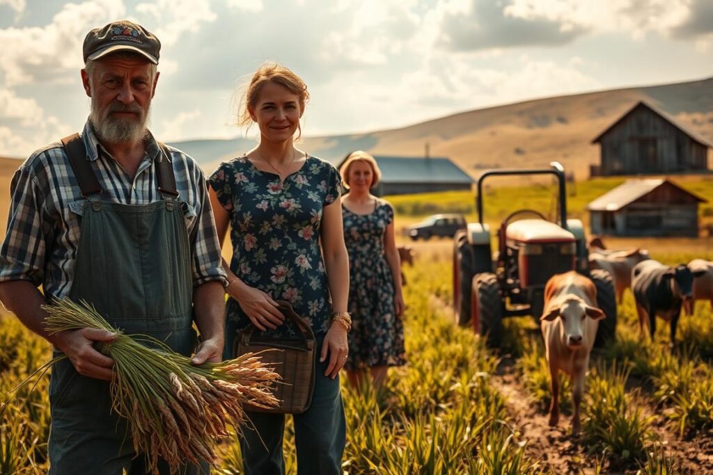 A group of hardworking rural producers standing in a sun-dappled field, their weathered faces etched with determination. In the foreground, a farmer in worn overalls inspects a bundle of freshly harvested crops, while behind him, a woman in a floral dress tends to a small herd of livestock. In the middle ground, a tractor slowly makes its way across the lush, rolling landscape, its engine rumbling softly. In the distance, a weathered barn stands as a testament to the enduring spirit of the rural community. The scene is bathed in warm, golden light, evoking a sense of resilience and self-reliance. An atmospheric, cinematic portrait of the hardworking producers who are the backbone of the agricultural industry.