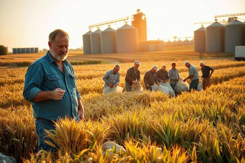 A group of successful rural producers standing proudly amidst their thriving farm, the warm afternoon sun casting a golden glow over the scene. In the foreground, a farmer inspects a bountiful harvest, rolling up his sleeves as he examines the quality of the crops. In the middle ground, a team of workers diligently sort and package the surplus grains, their faces filled with a sense of accomplishment. In the background, rows of well-maintained silos and storage facilities dot the landscape, testament to the producers' efficient management of their resources. The overall atmosphere conveys a palpable sense of industriousness, innovation, and the pride that comes from transforming waste into wealth.