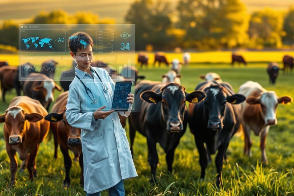A herd of healthy cattle grazing in a lush, verdant pasture, with a veterinarian in the foreground examining one of the animals using advanced AI-powered diagnostic tools. In the background, a state-of-the-art livestock monitoring system displays real-time data on the herd's health and well-being. The scene is bathed in warm, golden sunlight, conveying a sense of care, diligence, and the proactive prevention of bovine diseases through the integration of cutting-edge artificial intelligence technologies.