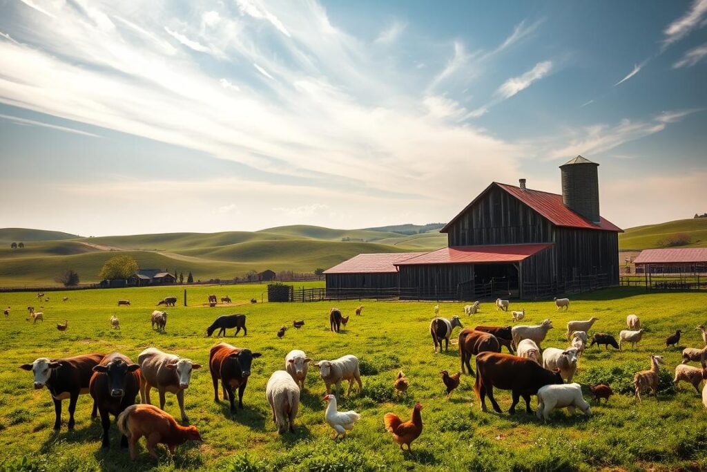 A lush, expansive farmland with rolling hills and a towering silo in the distance. In the foreground, a diverse array of livestock - cows, sheep, and chickens - graze peacefully. The midground features a well-maintained barn, its weathered wooden exterior complemented by a vibrant red roof. Sunlight filters through wispy clouds, casting a warm, golden glow over the entire scene. The overall atmosphere exudes a sense of tranquility and abundant potential, inviting the viewer to imagine the thriving agricultural enterprise that could flourish within this idyllic setting. Captured with a wide-angle lens and a keen eye for compositional balance, this image aims to showcase the farm's inherent beauty and promise.