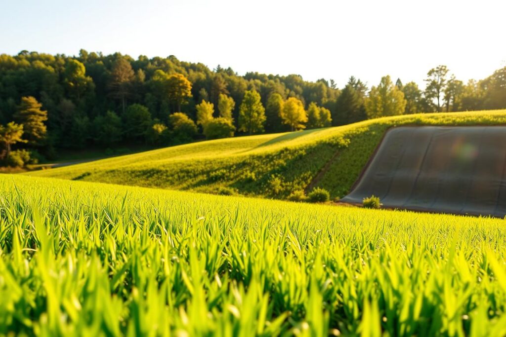 A lush landscape showcasing the latest geosynthetic solutions for soil erosion control in rural properties. In the foreground, a vibrant green field is adorned with a tightly woven, high-tensile geotextile fabric, expertly installed to stabilize the soil and prevent surface runoff. The middle ground reveals a gently sloping hillside, where a reinforced, biodegradable erosion control blanket blends seamlessly with the natural terrain. In the background, a verdant forest provides a serene backdrop, hinting at the sustainable, eco-friendly nature of these modern erosion mitigation technologies. The scene is bathed in warm, golden sunlight, conveying a sense of environmental harmony and resilience. Captured with a wide-angle lens, the image showcases the comprehensive solutions available for effective soil conservation in rural settings.
