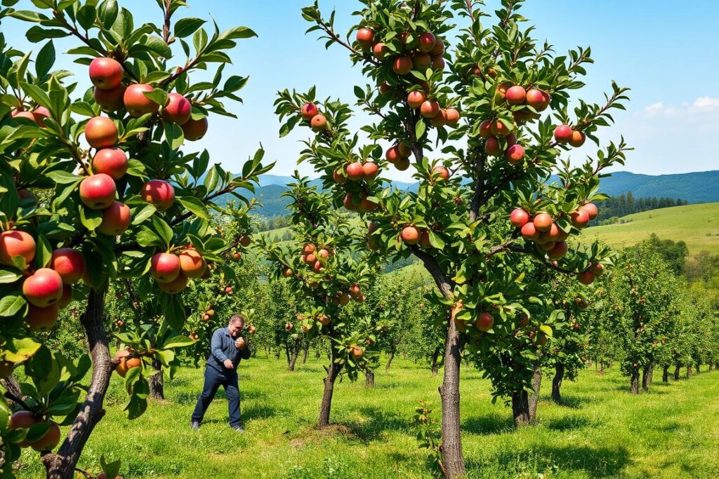 A lush orchard with mature apple trees, their branches heavy with ripe fruit. In the foreground, a skilled gardener carefully trims the trees, demonstrating various pruning techniques - thinning, heading, and shaping. The midground showcases the diverse pruning methods, each tailored to the tree's growth stage and desired form. In the background, a verdant landscape unfolds, with rolling hills and a clear blue sky that creates a tranquil, natural atmosphere. The lighting is soft and diffused, casting gentle shadows that accentuate the textures of the bark and foliage. The overall scene conveys the art and science of apple tree pruning, providing a visually engaging and informative representation of the topic.