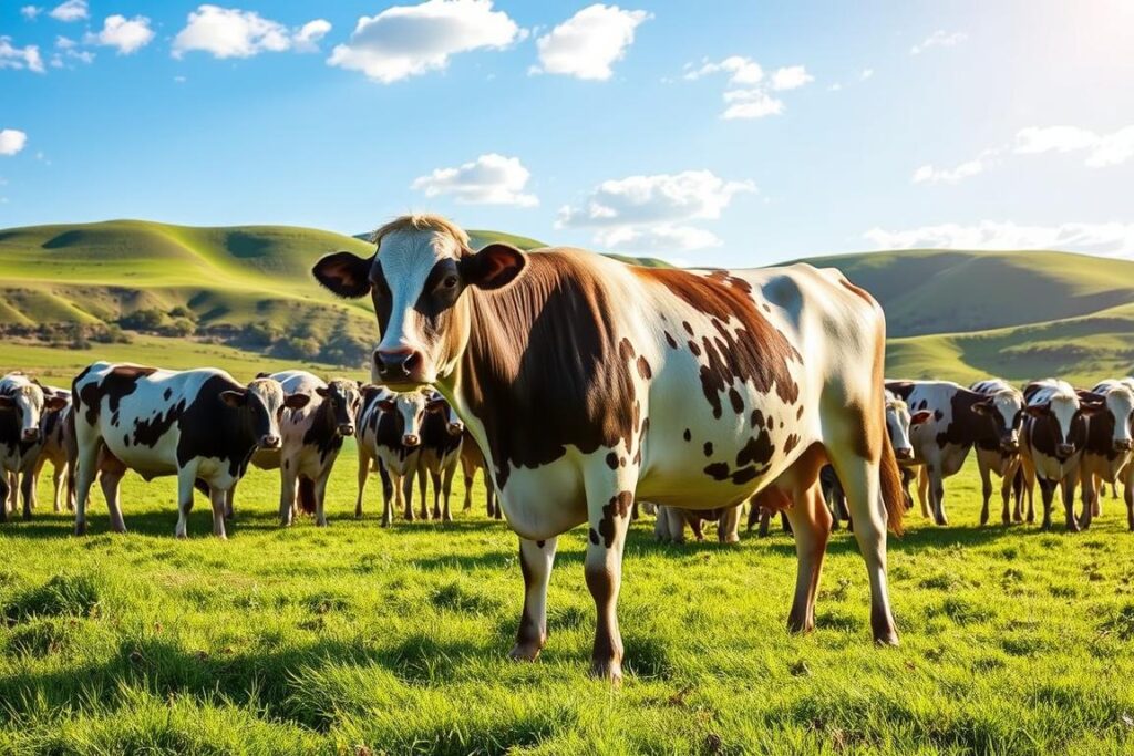 A lush, pastoral scene depicting a herd of Nelore cattle, their coats a striking blend of white and black. The animals graze contentedly in a verdant meadow, framed by rolling hills and a cloudless azure sky. Sunlight filters through the scene, casting a warm, golden glow that highlights the unique patterning of the Nelore's painted hides. In the foreground, a single bull stands proud, its muscular frame and vibrant coloration a testament to the breed's inherent value. The composition conveys a sense of tranquility and natural abundance, inviting the viewer to consider the merits of investing in this distinctive bovine variety.