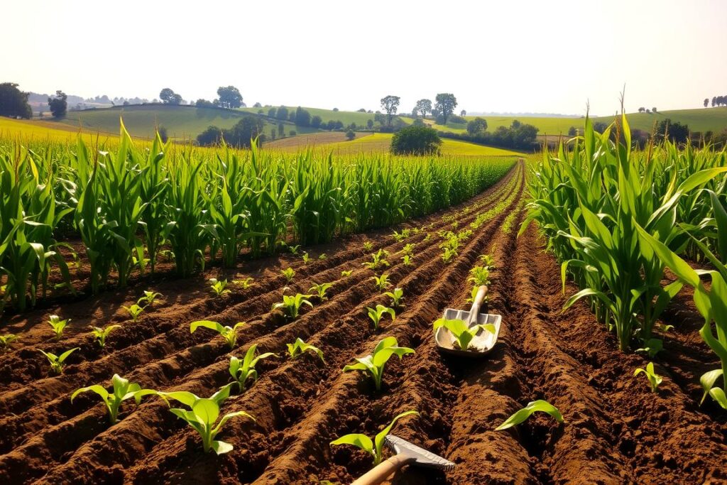 A lush, sun-dappled field of verdant corn plants, their tall stalks swaying gently in a light breeze. In the foreground, the rich, dark soil has been meticulously tilled, revealing the intricate patterns of furrows and ridges. Scattered across the middle ground, a variety of sustainable farming implements, including hoes, shovels, and rakes, suggest the diligent preparation of the land. In the background, rolling hills stretch out, dotted with the silhouettes of mature trees, creating a tranquil, natural backdrop. The scene is bathed in the warm, golden light of the afternoon sun, conveying a sense of productivity, harmony, and environmental stewardship.