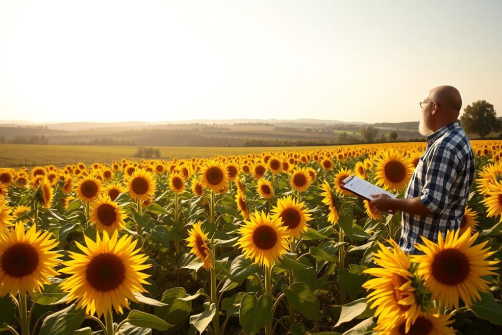 A lush sunflower field under a warm, golden afternoon sun. In the foreground, rows of tall, vibrant sunflowers sway gently in a light breeze. In the middle ground, a farmer examines the crop, clipboard in hand, evaluating the operational costs of production. The background features a scenic rural landscape with rolling hills and a distant treeline. The scene conveys a sense of careful planning and evaluation, crucial for assessing the viability of large-scale sunflower oil production.