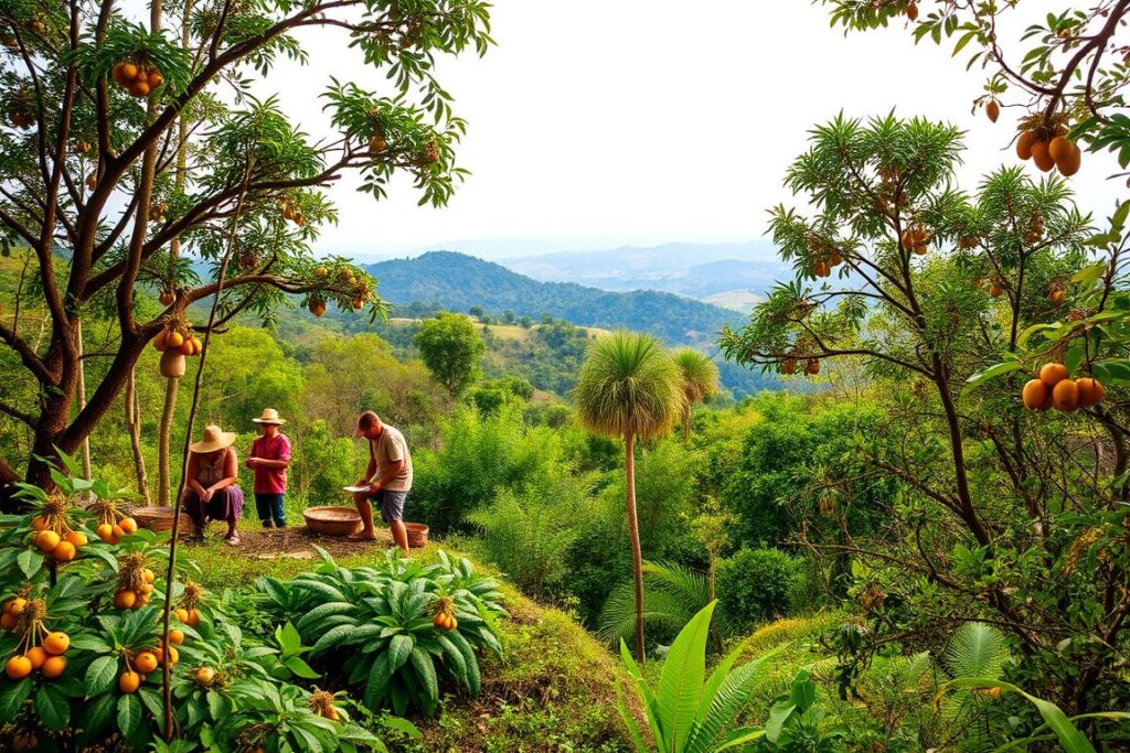 A lush, sustainable forest scene with native trees and plants. In the foreground, a group of people carefully harvesting fruits and nuts, practicing responsible, low-impact gathering methods. The middle ground shows diverse flora, including the characteristic baru and pequi trees, thriving in a healthy, balanced ecosystem. The background depicts a scenic, rolling landscape with a clear sky and soft, warm lighting, conveying a sense of harmony between human activity and the natural environment. The composition emphasizes the importance of managing natural resources thoughtfully and preserving the delicate balance of the local biome.
