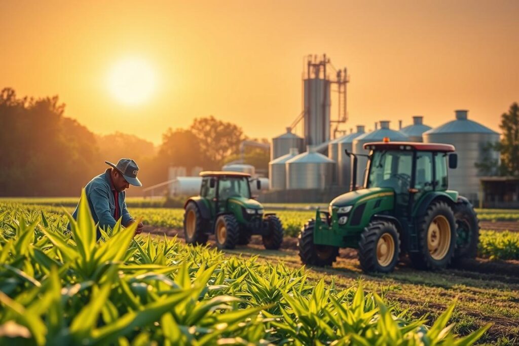A lush, verdant agricultural landscape under a warm, golden afternoon sun. In the foreground, a farmer carefully inspects the stalks of thriving crops, while in the middle ground, a tractor tills the fertile soil. In the background, a modern agricultural processing facility stands tall, its sleek, metallic surfaces gleaming. The scene conveys a sense of industrious productivity, with the farmer and machinery working in harmony to cultivate the land. The lighting is soft and diffused, creating a sense of tranquility and abundance. The composition emphasizes the interconnectedness of the farming process, from the initial cultivation to the final processing, all supported by robust financial infrastructure.