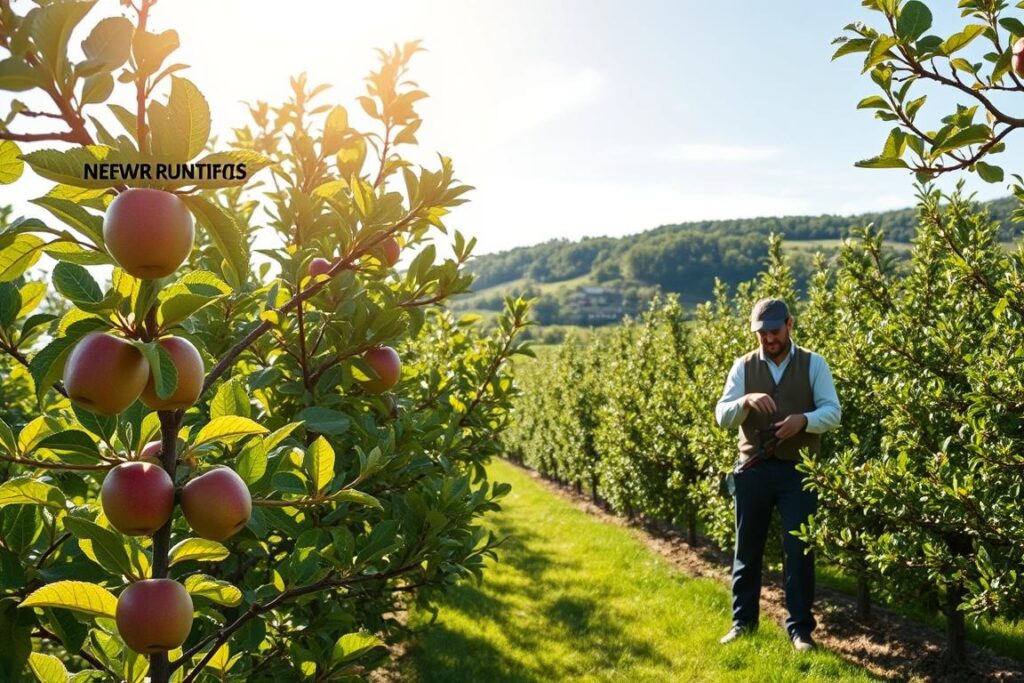 A lush, verdant apple orchard during a crisp, sunny day. In the foreground, a closeup view of several common pruning mistakes on an apple tree - uneven, jagged cuts, overly aggressive trimming, and branches left with stubs. The middle ground showcases a skilled orchard worker demonstrating the proper pruning techniques, making clean, angled cuts and selectively removing only the necessary branches. The background features rows of mature, healthy apple trees with a uniform, well-maintained canopy. The scene conveys a sense of education and guidance, highlighting the importance of correct pruning practices for optimal apple tree growth and yield.