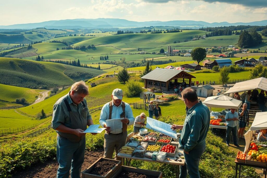 A lush, verdant countryside landscape with rolling hills and winding streams. In the foreground, a group of farmers and agricultural experts examining soil samples and consulting detailed reports, their faces illuminated by the warm glow of the sun. In the middle ground, a bustling outdoor market with stalls overflowing with fresh produce, local artisanal goods, and engaged customers. The background features sprawling farmlands, dotted with silos and barns, suggesting a thriving rural economy. The scene conveys a sense of collaborative research, community engagement, and the fruits of successful market research in the rural setting.