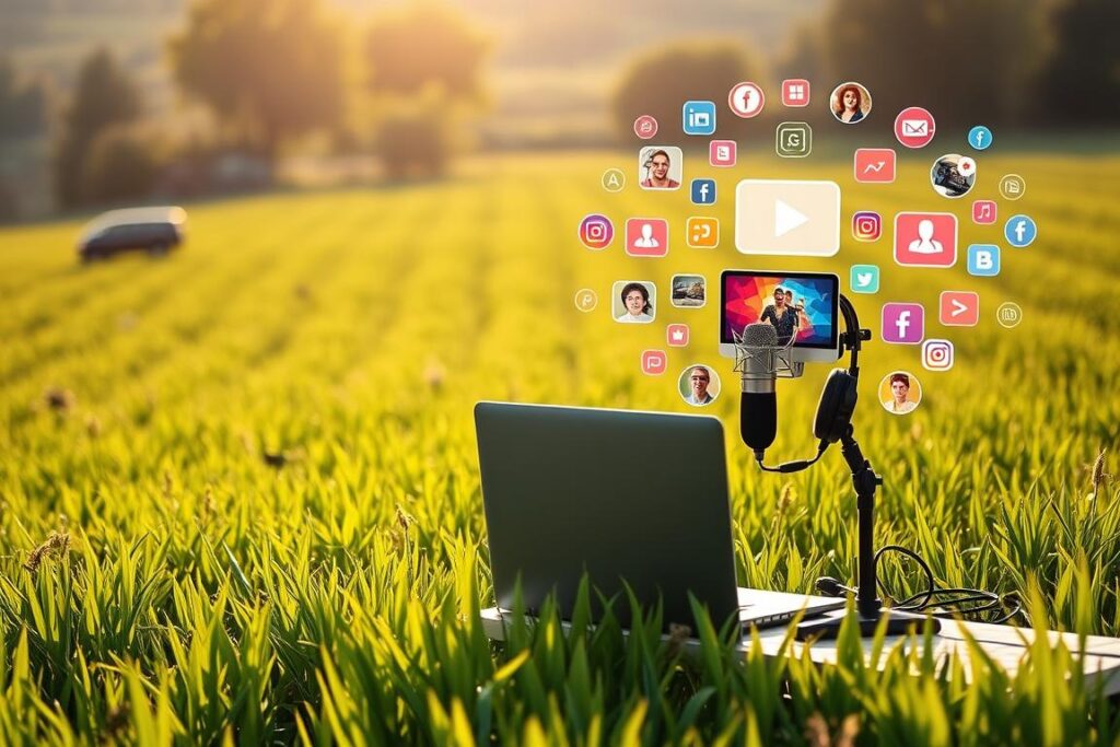 A lush, verdant farm landscape, with a serene, sun-dappled meadow in the foreground. In the middle ground, a modern, well-equipped podcast studio setup, complete with high-quality microphones, headphones, and a sleek, professional-looking laptop. In the background, a social media hub, with various devices displaying vibrant, engaging content, surrounded by icons and digital elements. The scene conveys a harmonious integration of traditional farming, cutting-edge technology, and savvy digital marketing, all working together to attract potential investors to this thriving agricultural enterprise. The lighting is soft and natural, creating a warm, inviting atmosphere that showcases the farm's productivity and innovation.