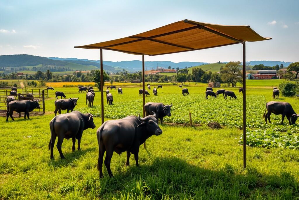 A lush, verdant field dotted with integrated agricultural systems, featuring a diverse array of livestock including water buffaloes grazing peacefully. In the foreground, a well-designed enclosure with ample shade and drinking water, showcasing efficient, small-scale buffalo farming. The middle ground reveals carefully cultivated crops, illustrating the synergistic relationship between livestock and agriculture. The background depicts a picturesque rural landscape, with rolling hills and a clear, azure sky, capturing the serene and productive environment. Warm, diffused natural lighting accentuates the harmonious integration of these integrated production systems.