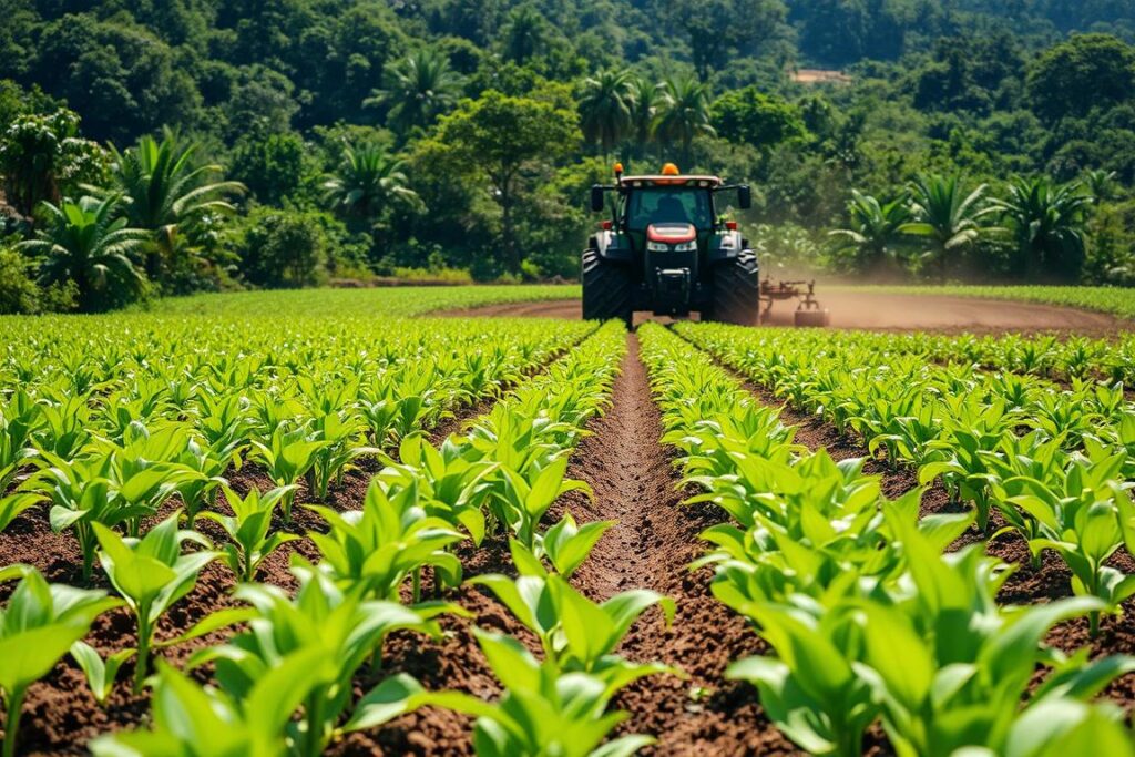 A lush, verdant field in a diverse Brazilian biome, showcasing the techniques of no-till farming. In the foreground, rows of crops emerge from the nutrient-rich, untilled soil, their leaves gently swaying in the warm breeze. The middle ground reveals intricate machinery carefully maneuvering through the landscape, planting seeds with precision. In the background, a tapestry of native vegetation frames the scene, hinting at the careful balance of natural ecosystems and agricultural practices. The lighting is soft and natural, casting a gentle glow over the entire composition. The image conveys a sense of harmony between sustainable farming methods and the unique environmental conditions of the region.