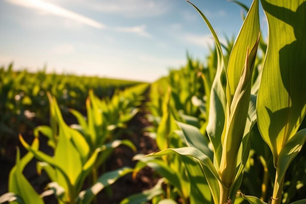 A lush, verdant field of genetically enhanced soybean and corn plants, their leaves and stalks glistening under the warm, golden sunlight. In the foreground, a close-up view showcases the intricate details of a single plant, its robust stem and vibrant, healthy foliage. The middle ground features a wider perspective, revealing rows of thriving crops stretching out towards the horizon. In the background, a clear blue sky with a few wispy clouds creates a sense of tranquility and abundance. The overall scene conveys the power and potential of genetic improvement techniques, empowering producers to cultivate high-value, resilient crops.