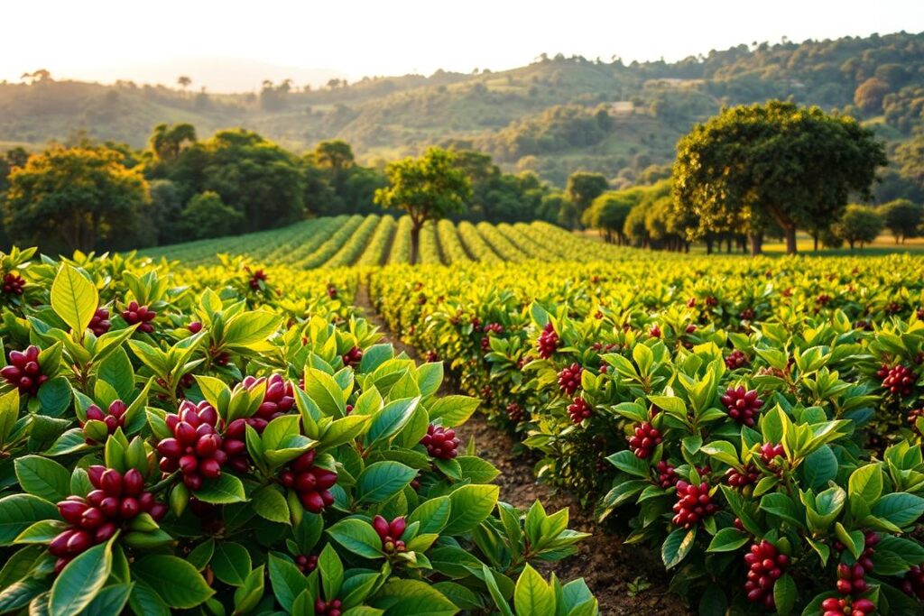 A lush, verdant landscape in the Southeast region of Brazil, showcasing high-yield agricultural cultures. In the foreground, rows of vibrant coffee bushes stretch out, their glossy leaves and plump red berries catching the warm, golden sunlight. In the middle ground, neatly tended plots of vibrant green vegetables and leafy greens sway gently in the breeze. Further back, rolling hills are blanketed with the verdant foliage of citrus orchards, their heavy-laden branches bearing an abundance of ripe, juicy fruits. The scene is bathed in a soft, diffused light, creating a serene and prosperous atmosphere, reflecting the productivity and profitability of these high-yield agricultural cultures in the Southeast region of Brazil.