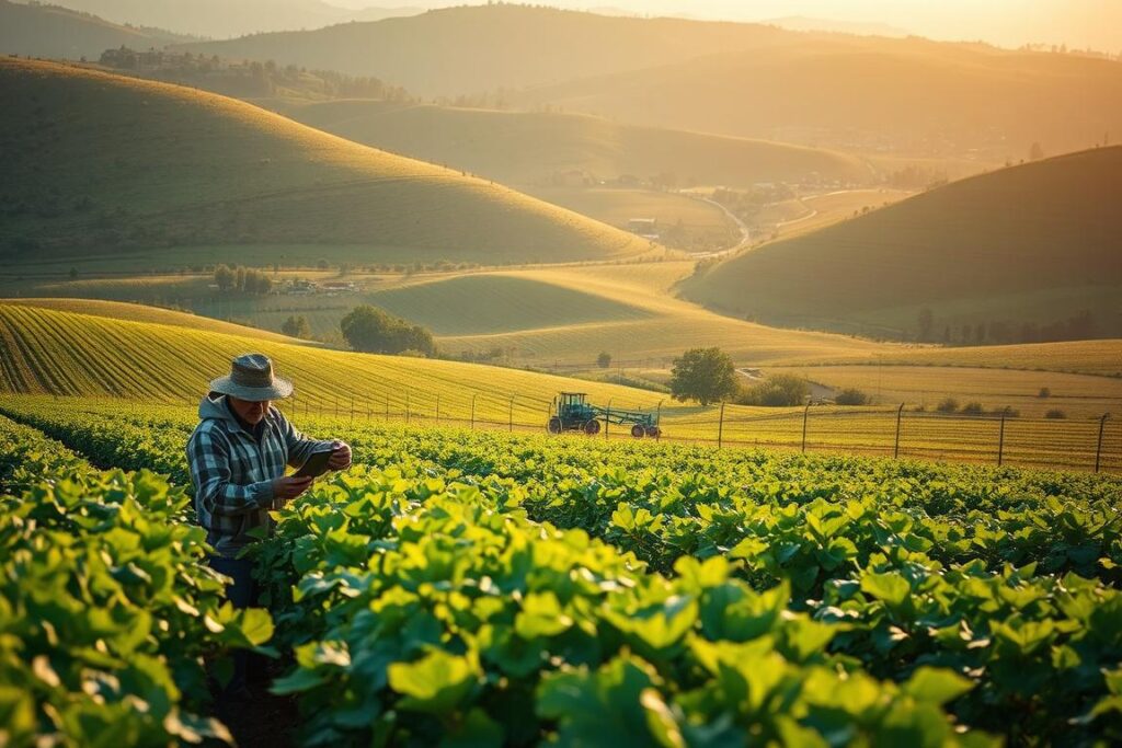 A lush, verdant landscape of a thriving agricultural region, bathed in warm, golden light. In the foreground, a farmer carefully inspects a crop, analyzing potential risks and carefully managing the delicate balance of factors that contribute to a successful harvest. In the middle ground, a network of irrigation systems and machinery suggest the sophisticated technological advancements that enable precision farming, mitigating weather-related risks. The background depicts rolling hills dotted with farms and orchards, conveying the scale and complexity of the agribusiness sector, which must navigate not only environmental but also market-related challenges. The overall scene exudes a sense of diligence, expertise, and a steadfast commitment to sustainable, risk-aware practices that are essential to the success of the modern agricultural industry.
