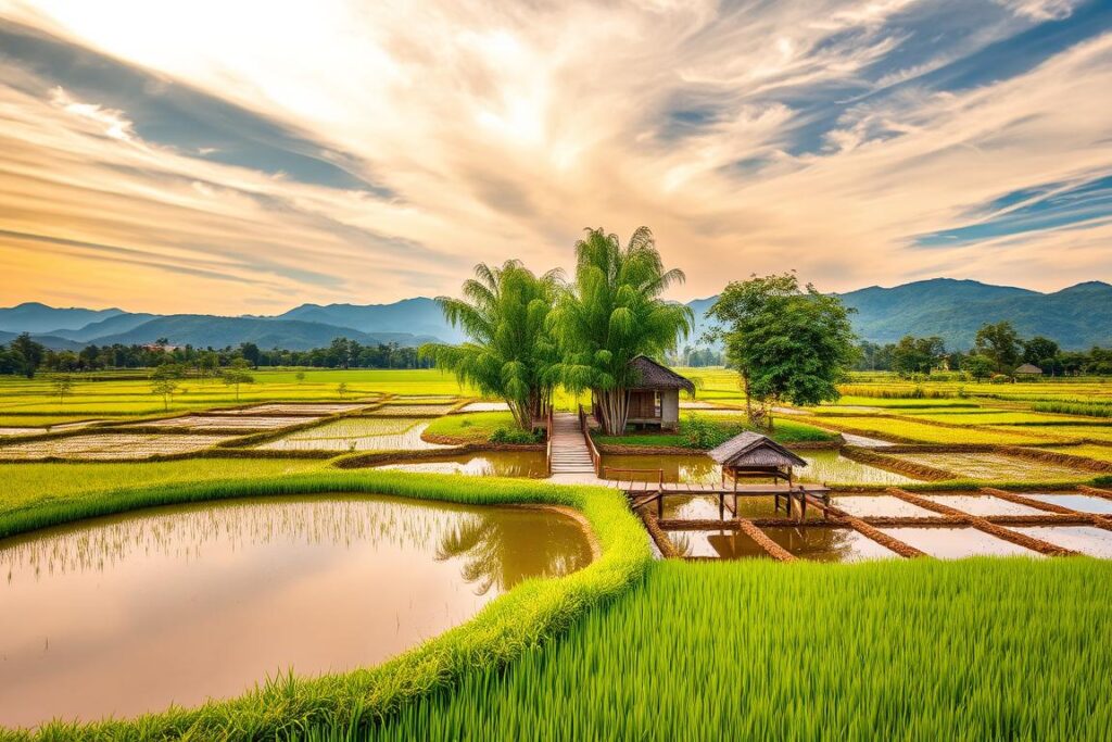 A lush, verdant landscape with a tranquil pond in the foreground, surrounded by a patchwork of rice paddies and aquaculture pens. In the middle ground, a traditional wooden footbridge spans the water, leading to a small hut nestled among towering bamboo groves. The sky is filled with wispy clouds, casting a warm, golden glow over the scene. In the background, rolling hills and distant mountains create a sense of depth and tranquility. The overall atmosphere conveys the harmonious integration of agriculture, aquaculture, and the natural environment.
