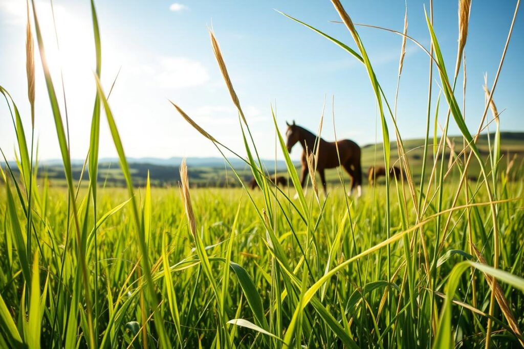 A lush, verdant meadow on a sun-dappled afternoon, with delicate strands of finely differentiated hay swaying in a gentle breeze. The foreground features a close-up view of the intricate textures and hues of the carefully cultivated forage, its individual blades and stems showcasing the precision and care taken in its production. In the middle ground, sleek, well-groomed equine figures graze leisurely, their powerful frames and elegant movements suggesting the high-quality nature of the feed. The background scene depicts a tranquil, rolling landscape, with distant hills and a cloudless sky, conveying a sense of serene abundance and the potential for premium livestock to thrive on this superior hay.