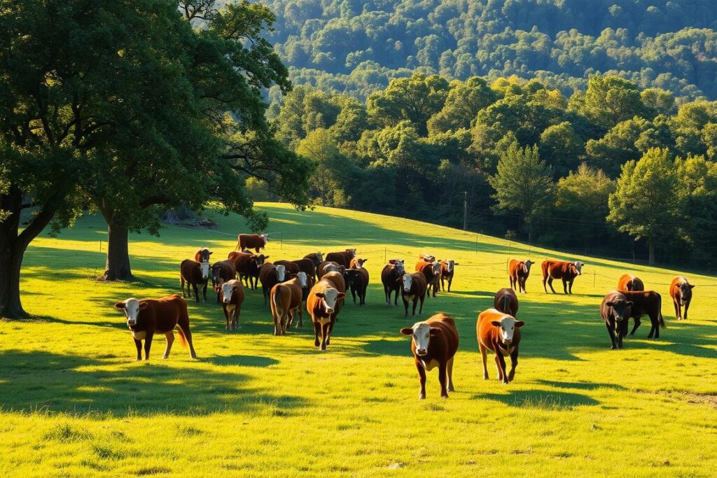 A lush, verdant pasture dotted with scattered mature trees, casting dappled shadows on the gently undulating terrain. In the foreground, a herd of healthy, content-looking cattle graze peacefully, their diverse shades of brown and white coats gleaming in the warm, golden afternoon light. The middle ground reveals a well-maintained fence line, separating the pasture from a dense, thriving forest in the background. The scene exudes a sense of harmony and balance, showcasing a sustainable silvopastoral system that seamlessly integrates livestock, trees, and the natural environment.