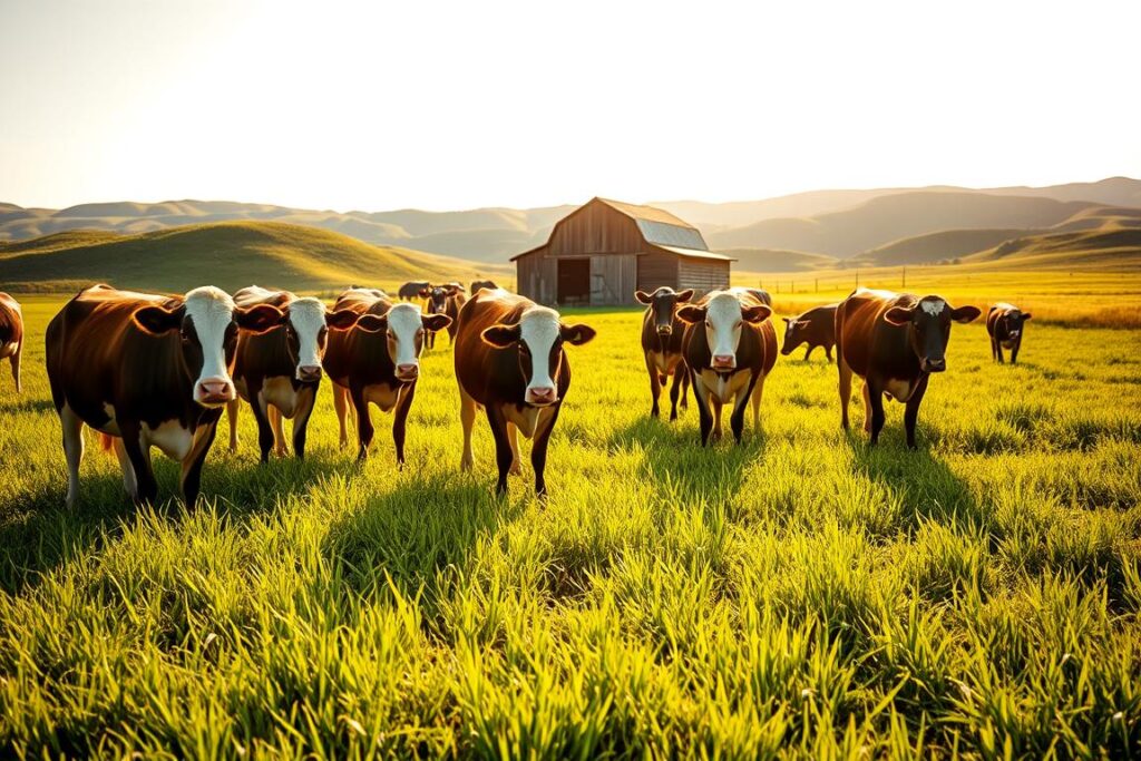 A lush, verdant pasture on a sun-dappled morning, rolling hills in the distance. In the foreground, a herd of contented dairy cows, their sleek, A2 milk-producing bodies standing in natural grazing poses. The cows' movements are captured with a shallow depth of field, their expressions serene as they nibble on the rich, green grass. The scene is bathed in warm, golden light, creating a sense of tranquility and abundance. In the middle ground, a rustic, weathered barn stands, its wood and metal construction hinting at traditional dairy farming practices. The overall atmosphere conveys the idea of a thriving, sustainable A2 milk production operation, ready to be showcased to the world.