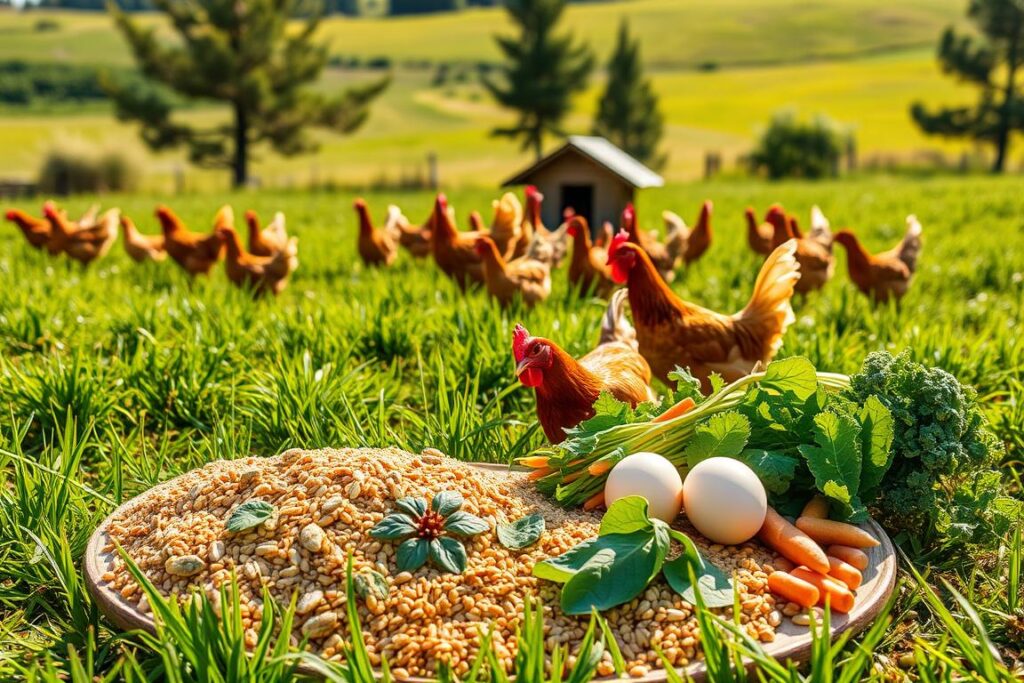 A lush, verdant pasture on a sunny day, with a variety of complementary chicken feed scattered across the ground. In the foreground, a selection of grains, seeds, and fresh greens such as kale, spinach, and carrots, arranged in a visually appealing manner. In the middle ground, a flock of happy, free-range chickens enthusiastically pecking and foraging, their vibrant feathers catching the warm light. In the background, a cozy chicken coop and a few tall, swaying trees, creating a picturesque, pastoral scene. The lighting is soft and natural, accentuating the vivid colors and textures of the scene. The overall composition conveys a sense of abundance, health, and harmony, perfectly capturing the essence of 