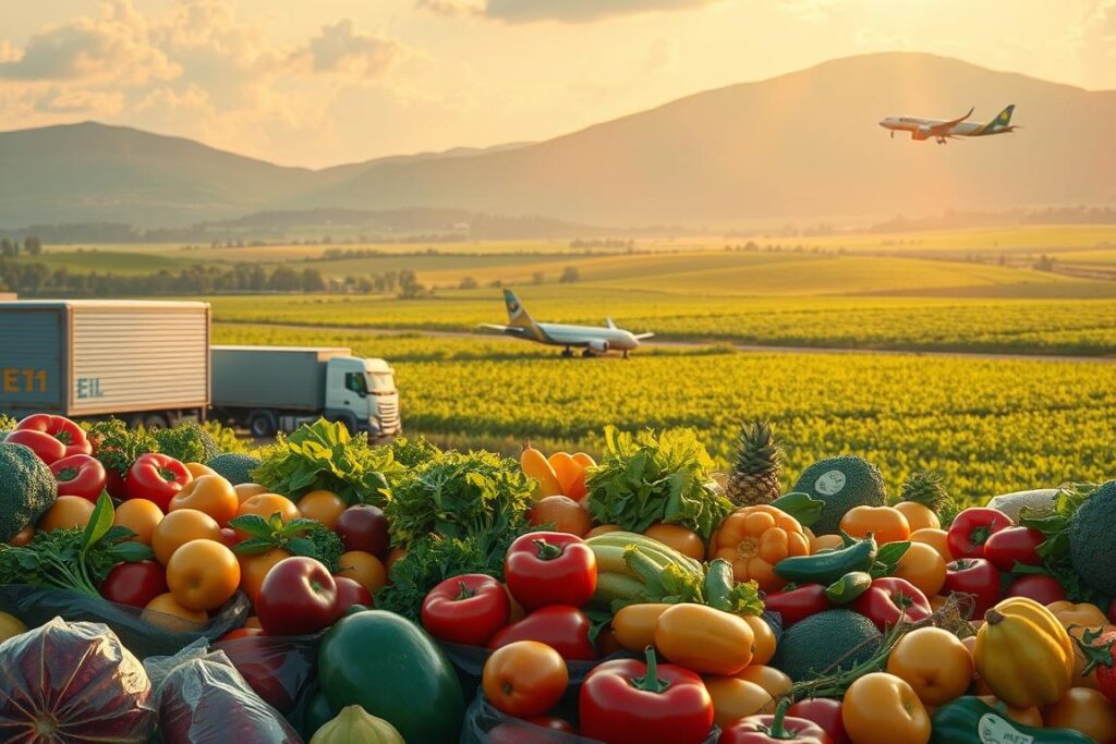 A meticulously detailed illustration of the special customs regimes for perishable products, showcasing a serene agricultural landscape. In the foreground, a bounty of vibrant exotic fruits and vegetables are delicately packaged, ready for export. The midground depicts efficient logistics and transportation, with refrigerated trucks and cargo planes in motion. In the background, a lush, verdant field stretches out, representing the abundant Brazilian agricultural resources. The scene is bathed in warm, golden light, conveying a sense of prosperity and opportunity. Crisp, high-resolution rendering with a photorealistic aesthetic.