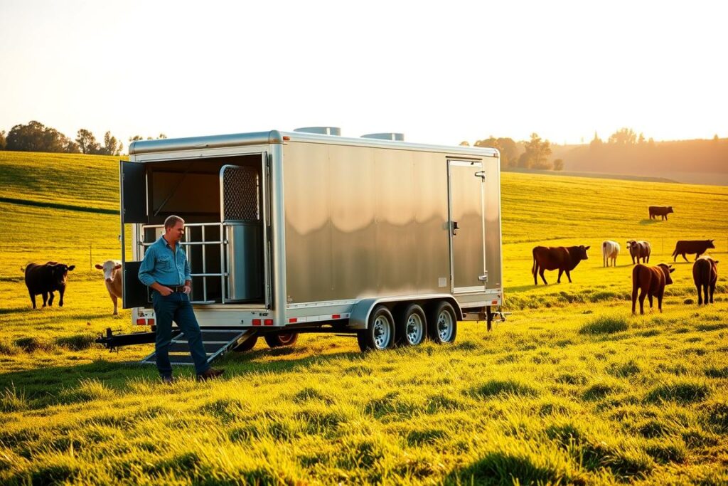 A mobile slaughterhouse stands in a pastoral field, its sleek metal exterior gleaming under warm, golden sunlight. The trailer-mounted unit is flanked by lush green pastures, where healthy livestock graze peacefully. In the foreground, a farmer in work clothes examines the equipment, considering the investment required to implement this efficient, on-site processing solution. The scene conveys a sense of modern, sustainable agriculture - a balance of technology and traditional farming practices that enables direct-to-consumer meat sales. Careful attention is paid to every detail, from the precise camera angle that highlights the unit's compact, modular design to the soft, diffused lighting that emphasizes the rural, idyllic setting.