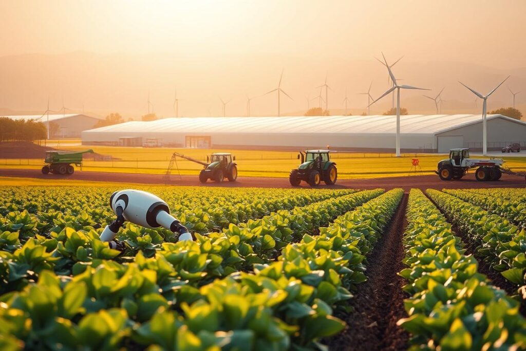 A modern, innovative agricultural landscape featuring cutting-edge technology and sustainable practices. In the foreground, a precision farming robot tending to lush, verdant crops. In the middle ground, autonomous tractors and harvesters efficiently working the fields. In the background, a sleek, eco-friendly agricultural facility with solar panels and wind turbines, symbolizing renewable energy solutions. The scene is illuminated by warm, golden sunlight, creating a hopeful, progressive atmosphere. The overall composition conveys a vision of the future of agriculture - one of innovation, efficiency, and environmental responsibility.
