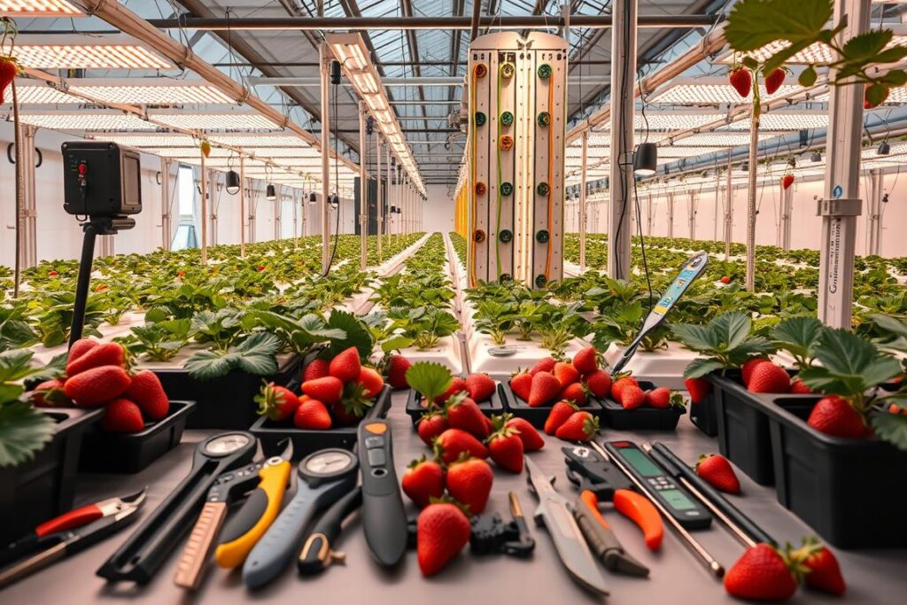 A neatly arranged display of specialized equipment for professional strawberry cultivation. In the foreground, various hand tools and instruments - pruning shears, trowels, pH meters, and irrigation systems. In the middle ground, tall hydroponic growing systems, drip feeders, and LED grow lights casting a warm glow. In the background, a rolling greenhouse structure with automation controls, misting nozzles, and climate sensors. The scene conveys a sense of precision, efficiency, and a deep commitment to producing the highest quality 