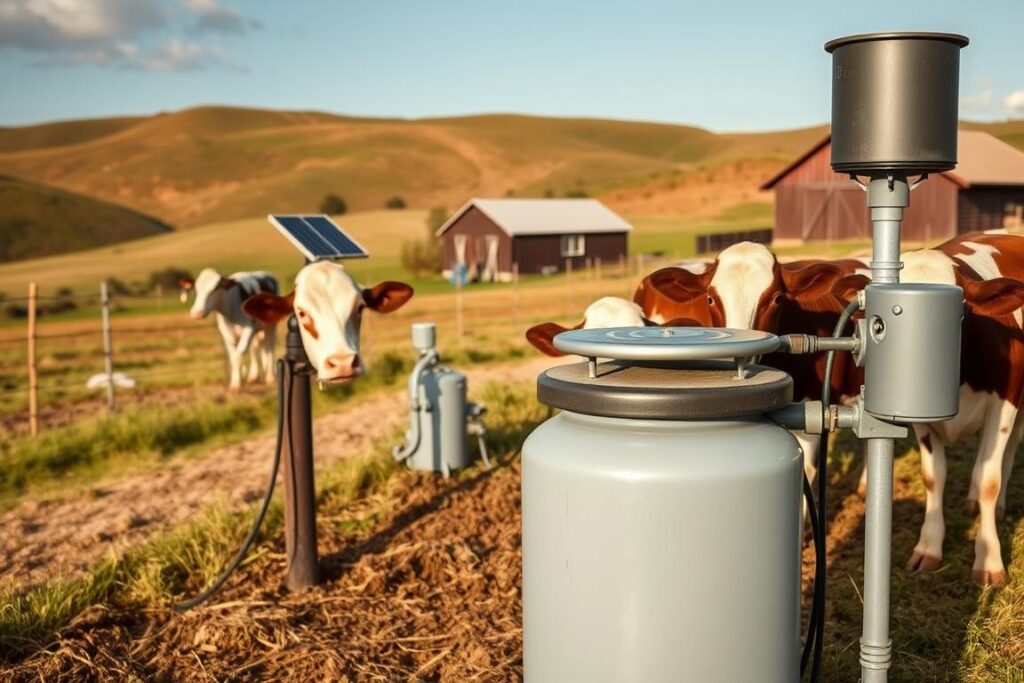 A pastoral scene of a small family dairy farm, where accessible technologies enable efficient milk production. In the foreground, a sturdy yet affordable milking machine gently extracts rich, creamy milk from contented cows. In the middle ground, a solar-powered water pump and low-cost feed mixer streamline daily operations. The background features rolling hills, a modest barn, and a clear sky, conveying a sense of tranquility and sustainability. Warm, natural lighting illuminates the scene, highlighting the harmonious integration of traditional farming and modern, cost-effective solutions.