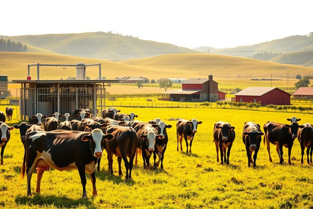 A pastoral scene of a thriving dairy farm in the lush, rolling hills of the Southeast region of Brazil. In the foreground, a herd of sleek, well-fed dairy cows graze contentedly in a verdant pasture, bathed in warm, golden sunlight. In the middle ground, a modern, efficient milking parlor stands, its metal structures gleaming. In the background, a picturesque farmhouse and a large, red barn sit amidst neatly tended fields and orchards. The scene conveys a sense of prosperity, sustainability, and the hard work of the region's dedicated dairy farmers. Lighting is natural and soft, with long shadows cast by the midday sun. The perspective is slightly elevated, capturing the breadth of the productive landscape.