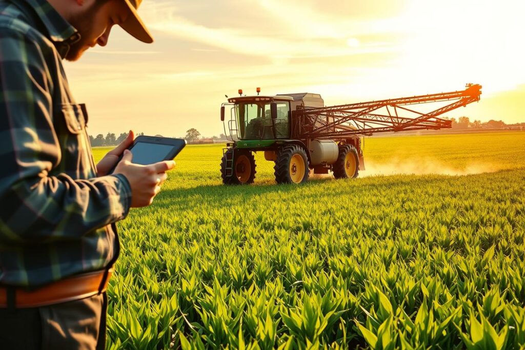 A precision agricultural scene captured through a wide-angle lens. In the foreground, a farmer meticulously inspects soil samples and analyzes data on a rugged tablet device. In the middle ground, a high-tech sprayer navigates the lush green fields, its nozzles precisely calibrated to deliver targeted, efficient applications. In the background, rows of crops sway gently in the breeze, bathed in warm, golden sunlight filtering through wispy clouds. The scene conveys a harmonious blend of traditional farming wisdom and cutting-edge digital technologies, all working in concert to optimize crop health and yields.
