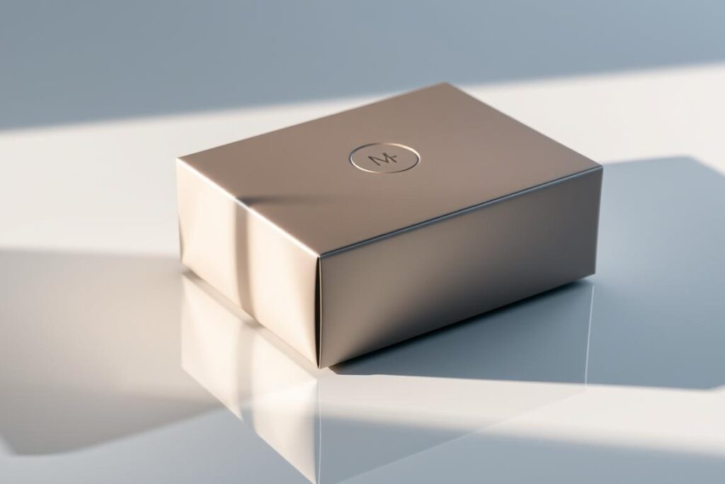 A premium packaging design for high-end pet and equine products, showcasing elegant minimalism and luxurious materials. The packaging features a sleek, modern shape with clean lines and a subtle embossed logo, resting on a reflective surface that creates an illusion of depth. The design emphasizes quality and exclusivity, with a muted color palette of grays, silvers, and whites that convey a sense of sophistication. Carefully placed shadows and gentle highlights accentuate the form, while soft, diffused lighting casts a warm, inviting glow, creating an aspirational, premium aesthetic that would appeal to discerning pet and horse owners.