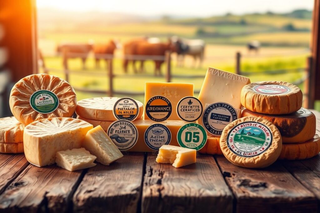 A rustic wooden table showcases an assortment of artisanal cheese wheels, each proudly displaying its certification seals. The foreground is bathed in warm, golden lighting, highlighting the intricate textures and vibrant colors of the cheeses. In the middle ground, various certification stamps and badges are arranged neatly, emphasizing the quality and provenance of these premium dairy products. The background features a blurred pastoral scene, hinting at the rural, idyllic setting where these exceptional cheeses are crafted. The overall atmosphere conveys a sense of authenticity, tradition, and the celebration of small-scale, sustainable food production.