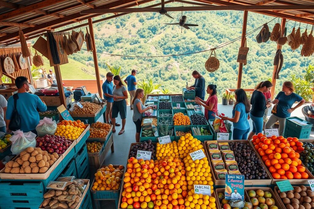 A serene open-air market bustling with local produce and vibrant colors. In the foreground, neatly arranged displays of native fruits like baru nuts, pequi, and other regional delicacies. Artisanal packaging and signage highlight their unique qualities. In the middle ground, friendly vendors interact with customers, demonstrating the products and sharing their stories. The background reveals a lush, verdant landscape, hinting at the bounty of the local ecosystem. Warm, natural lighting filters through, creating a welcoming atmosphere that evokes the richness of the region's agricultural heritage. An overhead drone shot captures the dynamic interplay of commerce, community, and sustainability.