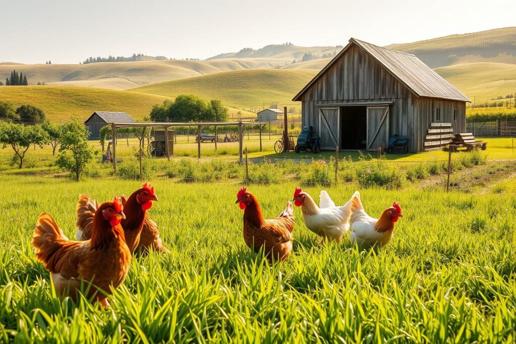 A serene pastoral scene depicting successful free-range egg producers in a lush, verdant pasture. In the foreground, a group of contented, free-roaming hens forage on the rich, sun-dappled grass. In the middle ground, a weathered, wooden barn stands amidst rows of fruit trees and vegetable gardens, reflecting the self-sustaining nature of the farm. The background showcases rolling hills dotted with wildflowers, bathed in soft, golden afternoon light, conveying a sense of tranquility and abundance. The overall atmosphere evokes a harmonious, small-scale operation where the well-being of the animals and the land are paramount, resulting in high-quality, nutrient-dense eggs.