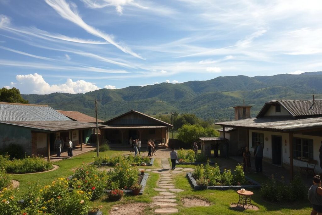 A serene rural landscape showcases a cluster of traditional Brazilian 