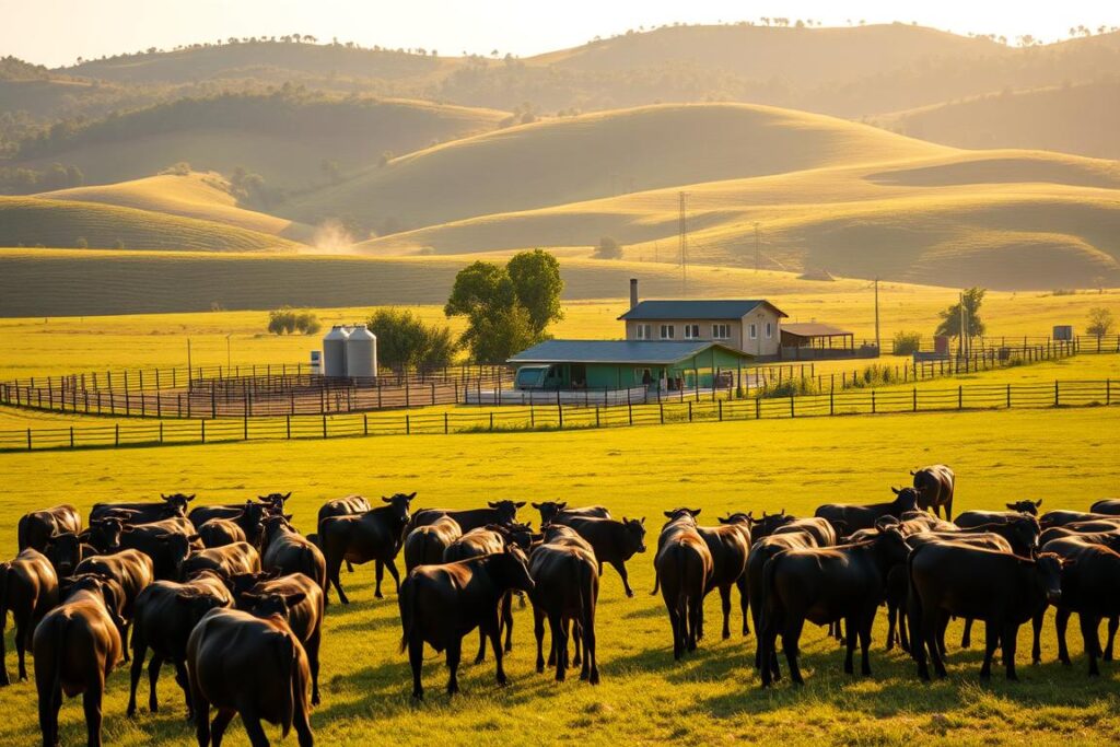 A serene, sun-dappled landscape showcasing a model fazenda, or Brazilian cattle ranch, with its sprawling pastures, well-maintained fences, and a cluster of modest yet efficient buildings. In the foreground, a herd of healthy, well-fed cattle grazes contentedly, their sleek coats glistening. The middle ground features a neatly organized layout of corrals, feed silos, and a modest, rustic farmhouse. In the background, rolling hills dotted with lush, verdant vegetation create a picturesque setting, bathed in the warm, golden light of a late afternoon. The overall scene conveys a sense of productive efficiency, sustainability, and low-cost, extensive cattle ranching practices.