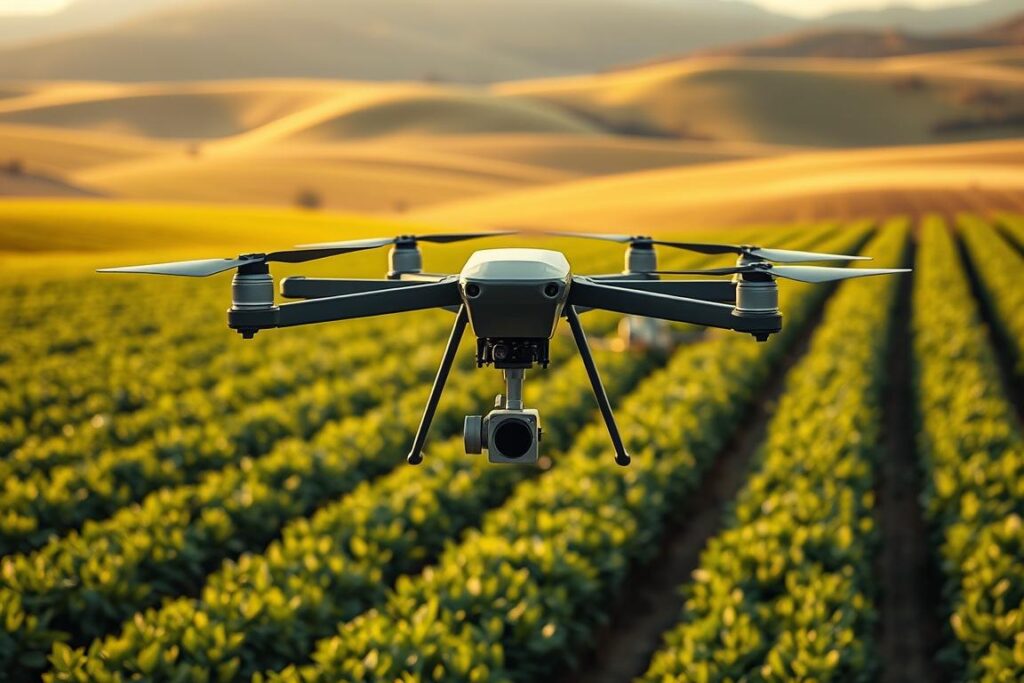 A sleek, high-tech drone hovers gracefully over a lush, verdant agricultural landscape. In the foreground, its advanced sensors and precision spraying mechanisms are prominently displayed, showcasing the cutting-edge technologies that enable efficient and targeted crop management. In the middle ground, a row of similar drones work in seamless coordination, their movements choreographed to maximize coverage and minimize waste. The background reveals a panoramic vista of rolling hills, dotted with thriving crops that seem to stretch endlessly into the horizon, hinting at the expansive scale and potential of this innovative agricultural solution. The scene is bathed in warm, golden sunlight, conveying a sense of productivity, prosperity, and the harmony between technology and nature.