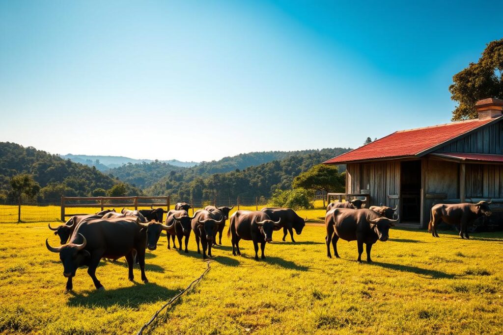 A small-scale buffalo farm nestled in the lush Brazilian countryside. In the foreground, a herd of well-fed, healthy-looking buffalo graze contentedly on a verdant pasture, their shiny coats glistening in the warm, golden sunlight. In the middle ground, a simple yet sturdy wooden fence encloses the grazing area, and a weathered barn stands nearby, its red-tiled roof a striking contrast against the azure sky. In the background, rolling hills and dense, verdant foliage create a tranquil, rural backdrop, hinting at the expansive, scenic environment in which these small-scale buffalo producers thrive. The overall scene conveys a sense of harmony, sustainability, and the potential for profitable, small-scale buffalo farming.