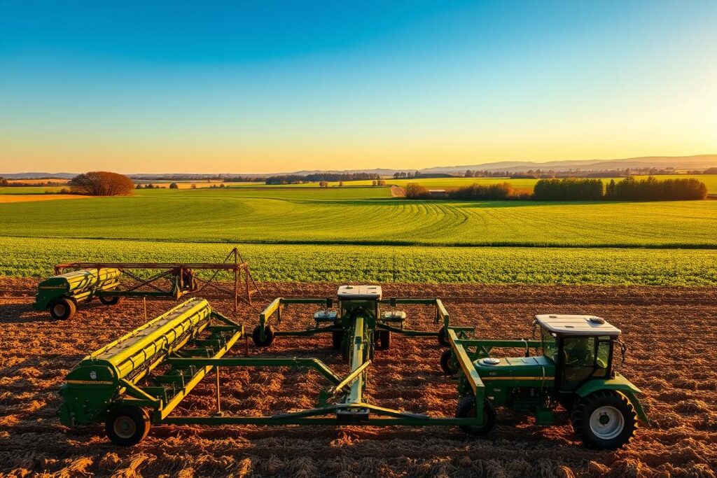 A sprawling agricultural landscape, bathed in warm, golden sunlight. In the foreground, a fleet of gleaming, state-of-the-art no-till farming equipment stands ready, their sturdy frames and precision components a testament to the latest advancements in precision agriculture. Disc harrows, seed drills, and specialized planters dot the scene, their designs meticulously crafted to minimize soil disturbance and maximize planting efficiency. In the middle ground, a vast expanse of lush, verdant fields stretches out, the soil protected by a thick layer of crop residue, a testament to the sustainable practices of no-till farming. In the distance, a horizon of rolling hills and towering trees, a picturesque backdrop that underscores the harmony between technology and nature that defines the art of high-performance no-till planting.