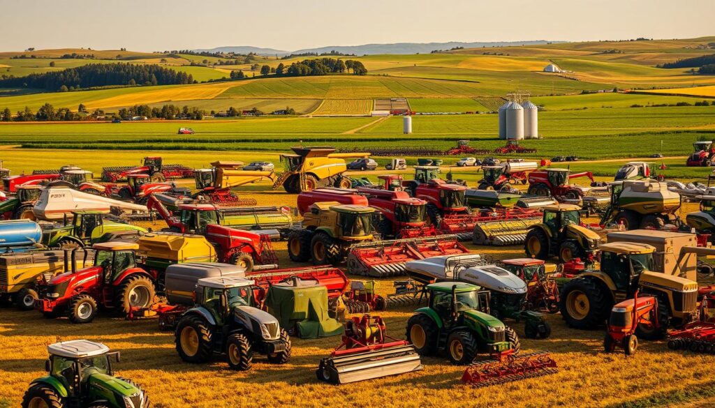 A sprawling agricultural landscape with a diverse array of farm machinery in the foreground. Gleaming tractors, combines, and harvesters in various sizes and makes, their metallic frames and polished finishes catching the warm, golden light of the sun. In the middle ground, a fleet of specialized implements such as plows, cultivators, and seeders, each designed for a specific task in the crop cycle. The background features lush, rolling hills dotted with verdant fields and towering silos, creating a sense of expansive, productive farmland. The overall scene conveys a harmonious balance between advanced technology and the natural rhythms of the countryside.
