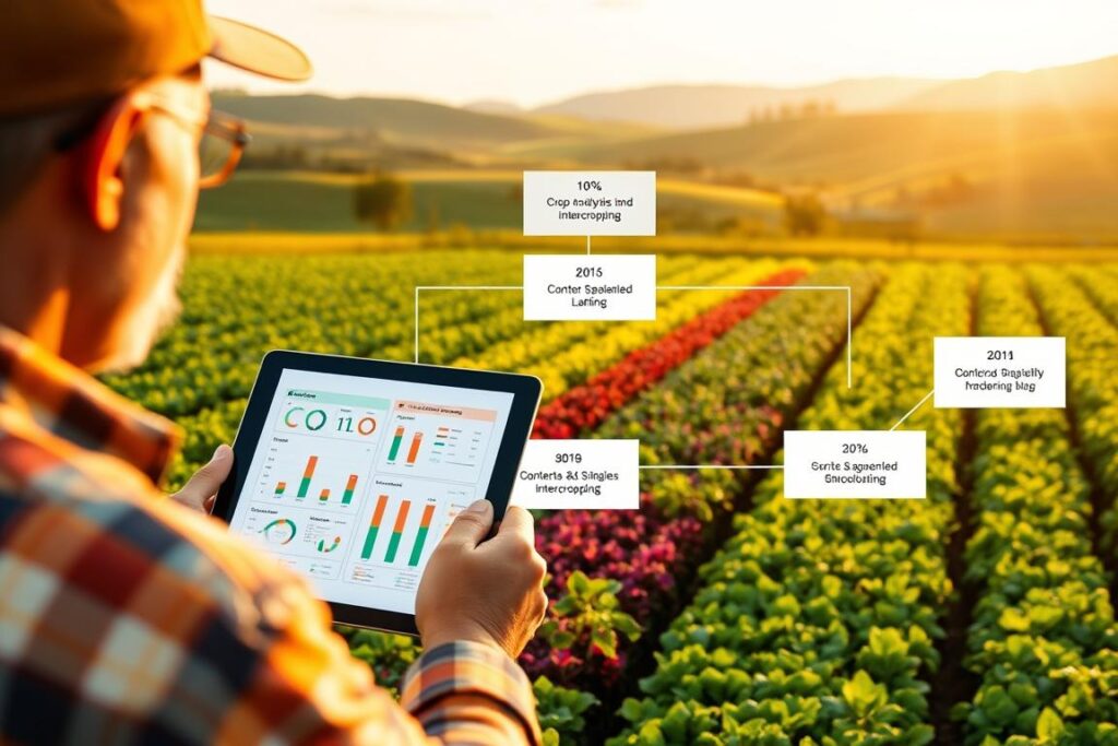 A strategic planning diagram depicting the implementation of intercropping practices. In the foreground, a farmer examines a tablet displaying data analysis and crop rotation schedules. The middle ground showcases vibrant, diverse crops growing together in an organized pattern. In the background, a lush, verdant landscape with rolling hills and a clear sky creates a sense of harmony and sustainability. The scene is illuminated by warm, golden lighting, conveying a feeling of productivity and innovation. The overall composition emphasizes the thoughtful, data-driven approach to integrating multiple crops within the same growing season.