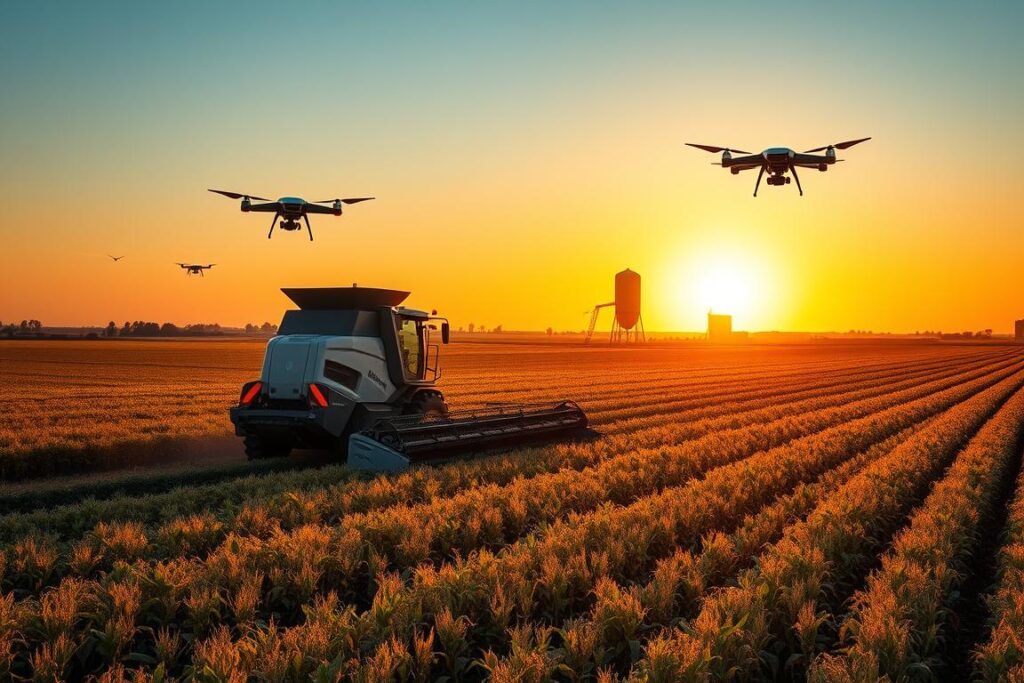 A vast agricultural landscape, bathed in the warm glow of a setting sun. In the foreground, a farmer guides a high-tech harvesting machine, its sleek design a stark contrast to the rolling fields of crops. In the middle ground, autonomous drones buzz overhead, monitoring crop health and soil conditions. In the distance, a towering silo stands as a symbol of technological progress, its metallic form silhouetted against the vibrant sky. The scene evokes a sense of both wonder and unease, as the viewer ponders the delicate balance between technological advancement and the preservation of traditional farming practices.