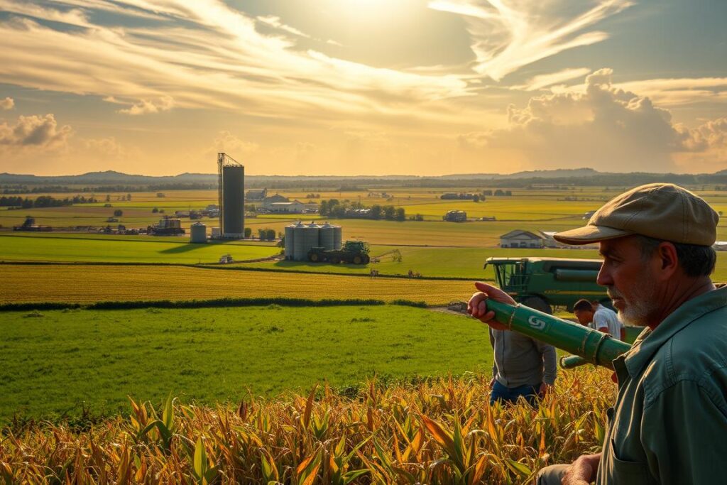 A vast agricultural landscape unfolds in the Brazilian heartland, lush fields of crops and verdant pastures stretching to the horizon. Towering silos and modern machinery dot the scene, symbols of the nation's powerful agribusiness sector. Sunlight filters through wispy clouds, casting a warm, golden glow over the scene. In the foreground, hardworking farmers tend to their land, their weathered faces reflecting the challenges and rewards of their labor. The image conveys the scale, productivity, and human element of Brazil's agricultural prowess, a visual representation of the country's agricultural dilemma - balancing the demands of production with the complexities of institutional bureaucracy.