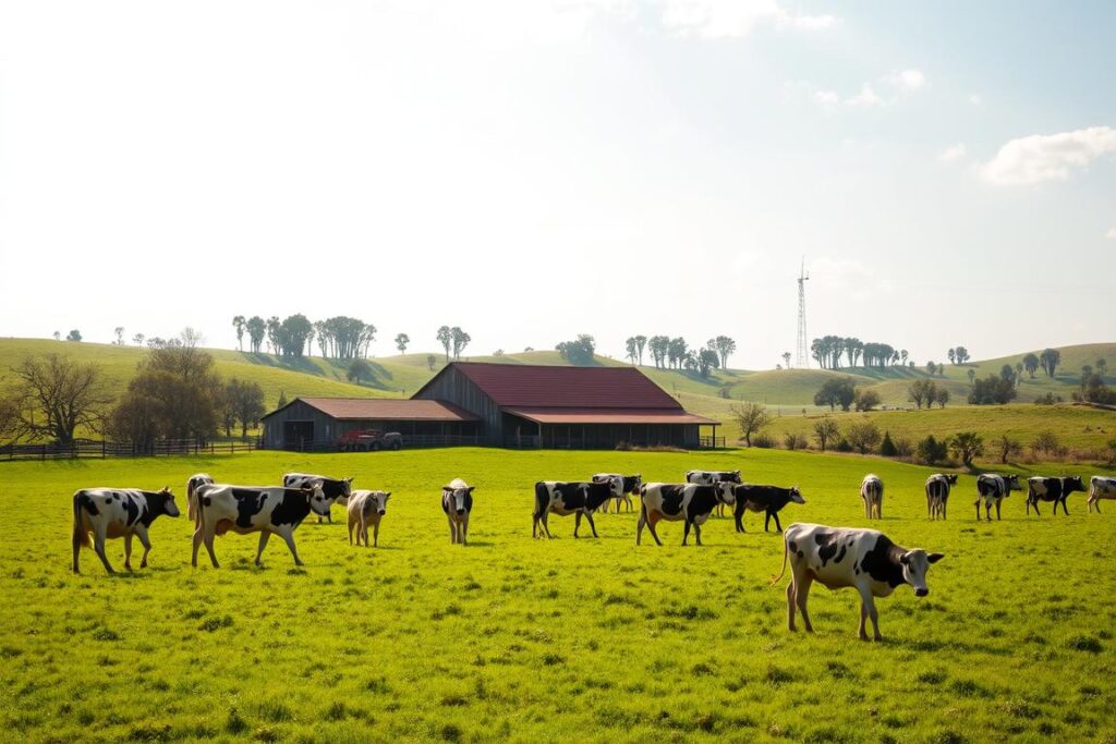 A vast, lush farmland under a bright, sun-dappled sky. In the foreground, a herd of dairy cows graze contentedly on a verdant pasture, their sleek, well-fed forms a testament to the farm's productivity. The middle ground features a sprawling, well-maintained barn, its red-tiled roof and weathered wooden siding blending seamlessly with the surrounding landscape. In the background, rolling hills dotted with clusters of tall, swaying trees frame the idyllic scene, hinting at the expansive scale of the property. The lighting is soft and natural, casting a warm, golden glow over the entire tableau. The overall mood is one of tranquility, prosperity, and a deep connection to the land.