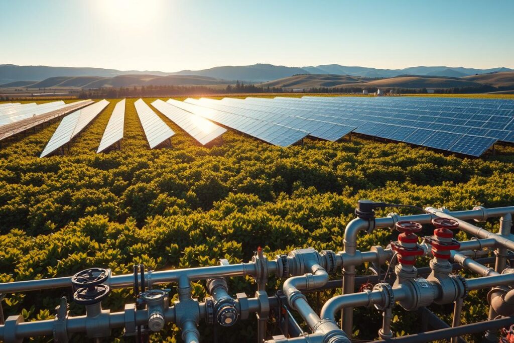 A vast, sun-drenched field of lush, verdant foliage, interspersed with sleek solar panels that glisten in the warm, golden light. In the foreground, a complex array of pipes, valves, and control systems, conveying the intricate integration of the solar and biomass components. The background features rolling hills and a clear, azure sky, creating a sense of harmony between natural and technological elements. The scene exudes a subtle tension, hinting at the challenges and limitations of balancing these integrated systems. Captured through a wide-angle lens, the image conveys a sense of scale and the interconnectedness of the diverse components within this sophisticated sustainable energy solution.