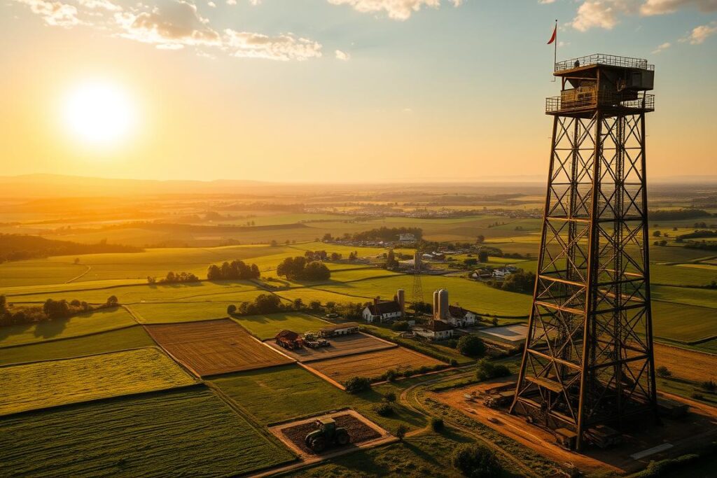 A vast, verdant landscape of rolling hills and sprawling farmlands, where the sun casts a warm, golden glow. In the foreground, a towering structure looms, its imposing presence casting a long shadow over the fields below. This is the symbol of 
