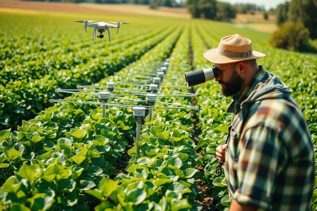 A verdant agricultural landscape stretches out, with a farmer meticulously inspecting crops through a high-powered loupe. In the foreground, rows of lush, healthy plants stand tall, their leaves glistening in the warm sunlight. The middle ground features a well-organized network of monitoring stations, each equipped with digital sensors and cameras, systematically collecting data on soil, pests, and plant health. In the distance, a drone hovers overhead, its camera surveying the entire field from an aerial perspective. The scene conveys a sense of diligence, precision, and a proactive approach to sustainable farming practices, with the goal of early detection and prevention of silent rural pests.