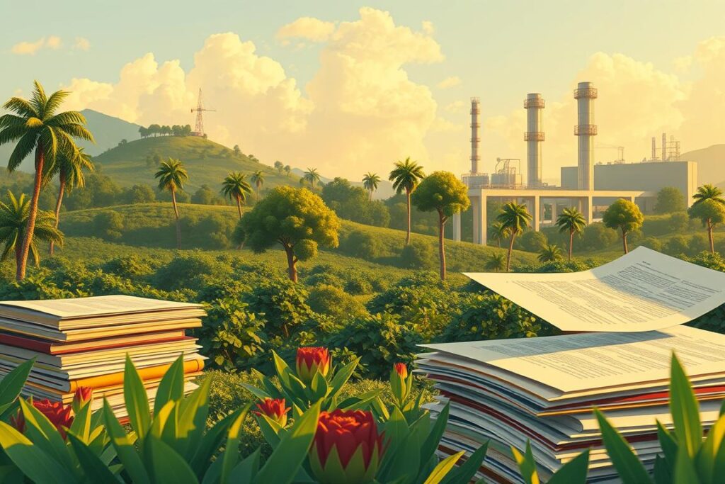 A vibrant and detailed illustration showcasing the legal and environmental aspects of agricultural pesticides in Brazil. The foreground features a stack of official documents, contracts, and regulatory papers, symbolizing the legal framework governing pesticide use. The middle ground showcases a lush, verdant landscape with towering trees and diverse flora, representing the environmental considerations. In the background, a modern agrochemical factory stands, its silhouette casting a pensive shadow over the scene, hinting at the complex balance between agricultural productivity and environmental stewardship. The lighting is warm and golden, creating a contemplative mood, while the camera angle is slightly elevated, providing a comprehensive view of the subject matter. The overall composition conveys the intricate interplay between legislation, agriculture, and environmental protection.