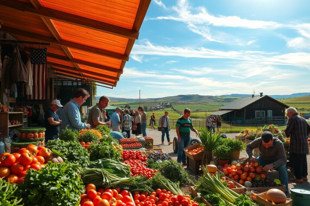 A vibrant open-air marketplace, bustling with activity and color. In the foreground, an array of fresh produce - ripe fruits, fragrant herbs, and crisp vegetables - artfully displayed on wooden stalls. In the middle ground, small-scale farmers and vendors engage in lively negotiations, their faces alight with the thrill of commercial exchange. The background reveals a quaint rural setting, with rolling hills, a distant farmhouse, and a clear blue sky overhead, illuminated by warm, golden sunlight filtering through wispy clouds. The overall atmosphere conveys a sense of community, entrepreneurship, and the pride of hardworking small-scale producers showcasing their high-quality, locally-grown offerings.